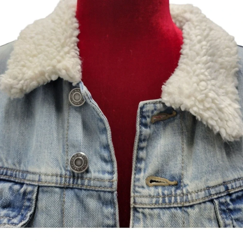 Old Navy Denim Trucker‎ Jacket LG Fleece Sherpa Lined Light Wash button up E302